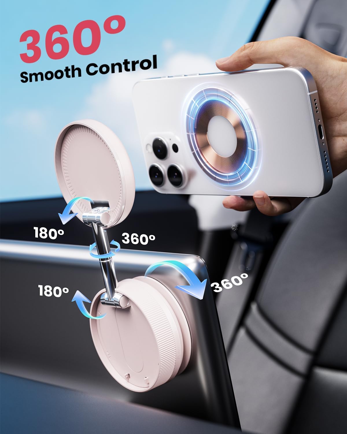 Upgraded 360° Vacuum Magnetic Car Phone Holder for Magsafe [96+LBS Strongest Suction & 2800gf Strongest Magnetic], Adjustable Car Phone Mount for Your Car/Gym/Mirror for iPhone & Android, Light Pink