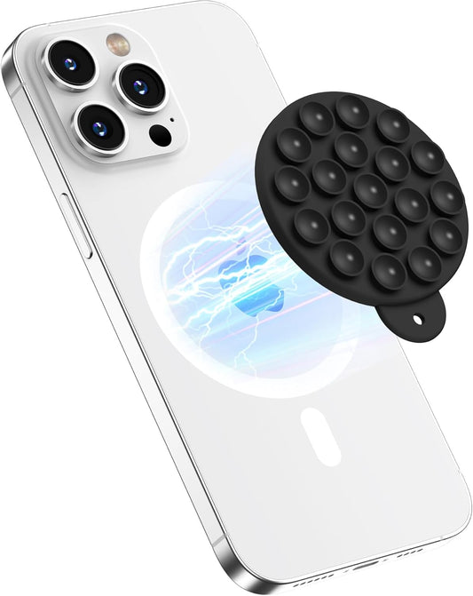 Magnetic Suction Cup Phone Mount for MagSafe Case, Silicone Hands-Free Phone Grip Holder for iPhone and Android, Mirror Shower Phone Stand for Makeup FaceTime Gym Kitchen Bathroom, Black