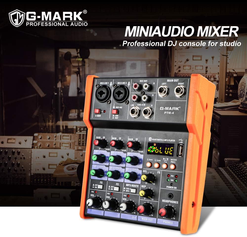 G-MARK Analog Mixer Audio 4 Channel DJ Audio Mixer Bluetooth Studio Karaoke For PC Live Performance KTV Home Stage Music Effects Sound Card Protable Mixing Console