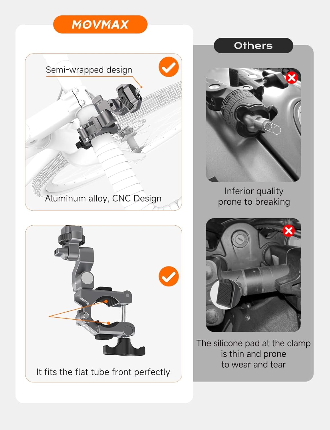 Movmax Super Camera Clamp Mount Compatible with GoPro Max Hero, DJI Osmo 360 Action 5 Pro 4 3, Insta 360 X4 X5, Camera Mount Clamp, Action Camera Accessories for Round Tube E-Bike/Bicycle/Motorcycle.