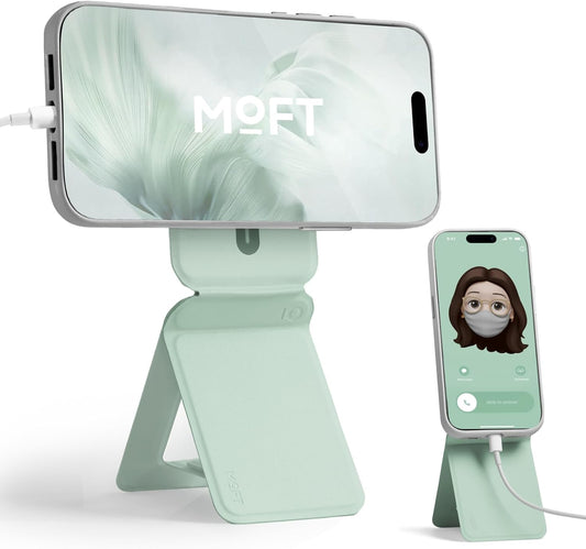 MOFT Phone Stand, Magnetic Phone Tripod Stand Stain-Resistant MOVAS Leather & Angle Adjustment & Strong Magnets Tripod for iPhone 16/15/14/13/12 (Included Metal Ring)-Peppermint
