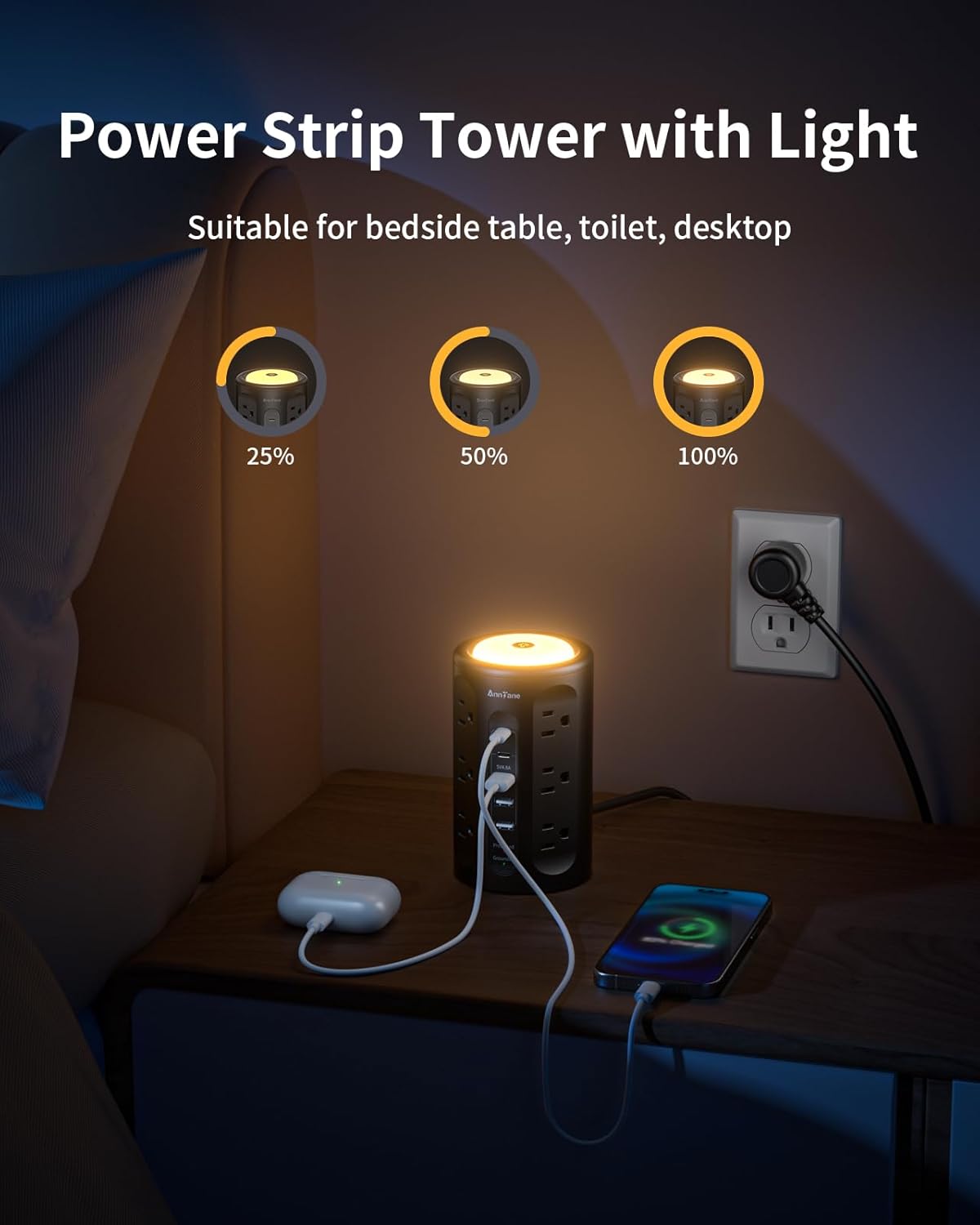 Power Strip Tower with Night Light, Power Strip Surge Protector with USB Ports, Extension Cord 10 FT with Multiple Outlets (12AC+3A+2C) for Home Office Desk DormRoom (Black)