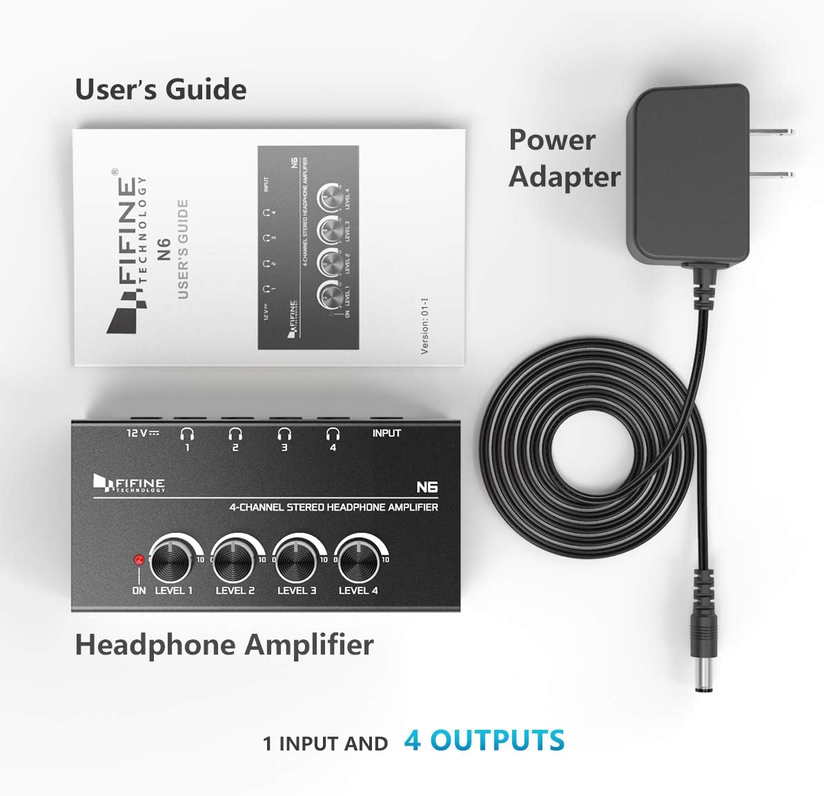 Fifine Headphone Amplifier 4 Channels Metal Stereo Audio Amplifier,Mini Earphone Splitter with Power Adapter-4x Quarter Inch Balanced TRS Headphones Output and TRS Audio Input for Sound Mixer-N6