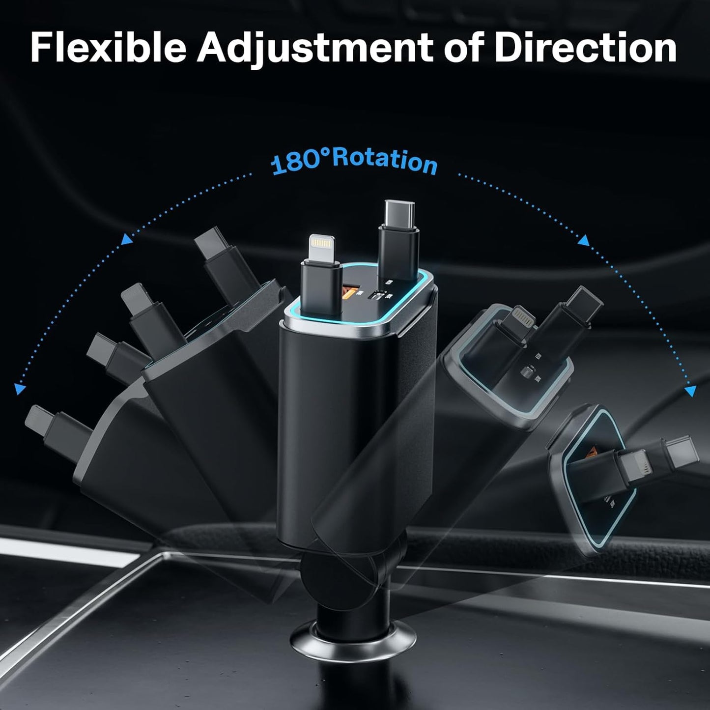 iPhone Car Charger, 4 in 1 Retractable Fast Car Phone Charger Adapter 131W, Retractable Cables (31.5 inch) & 2 USB Ports for iPhone 16/15/14/13/12/11 Pro/Samsung