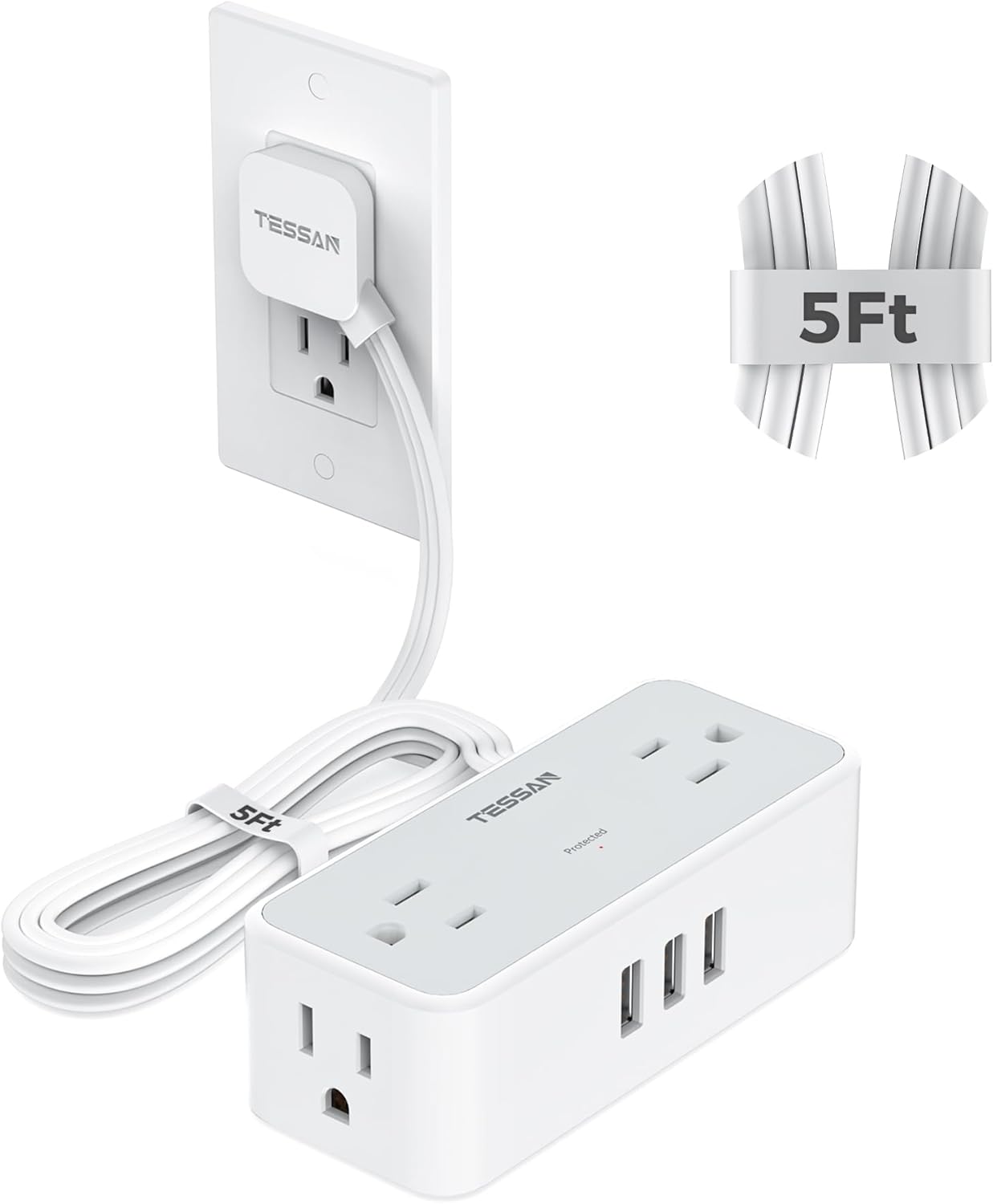 Ultra Thin 5FT Flat Extension Cord, TESSAN Surge Protector Flat Plug Power Strip, 4 Wide Spaced AC Outlets 3 USB A, 900 Joules Protection, Suitable for Home Office Dorm