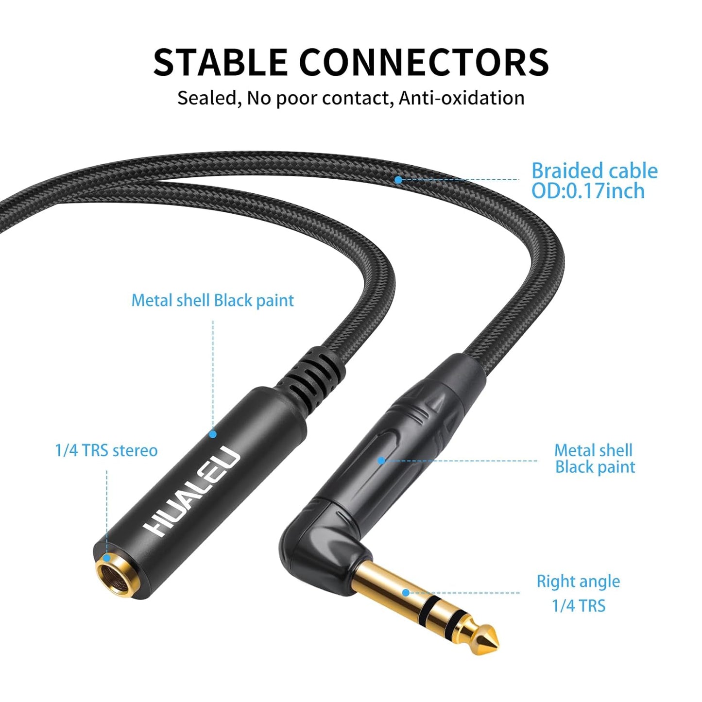 HUAELU 2Pack 1FT Right Angle Audio Cable, Male to Female, 6.35mm TRS Stereo to 1/4 Female Stereo Headphone Guitar Extension Cable Cord for Amplifiers