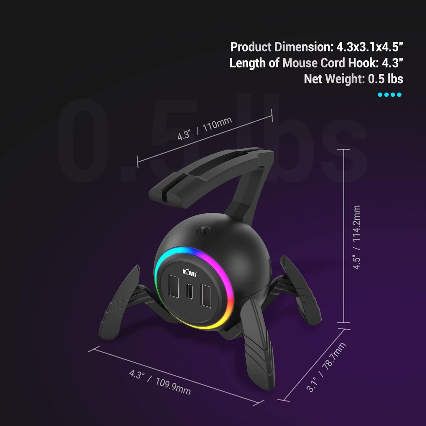 KIWIFOTOS Mouse Bungee RGB Gaming Mouse Cord Holder Controller, Upgraded Flexible Cable Management Smart RGB LED Lights 2 Port USB Hub & 1 Type-C, Spider Mouse Wire Holder