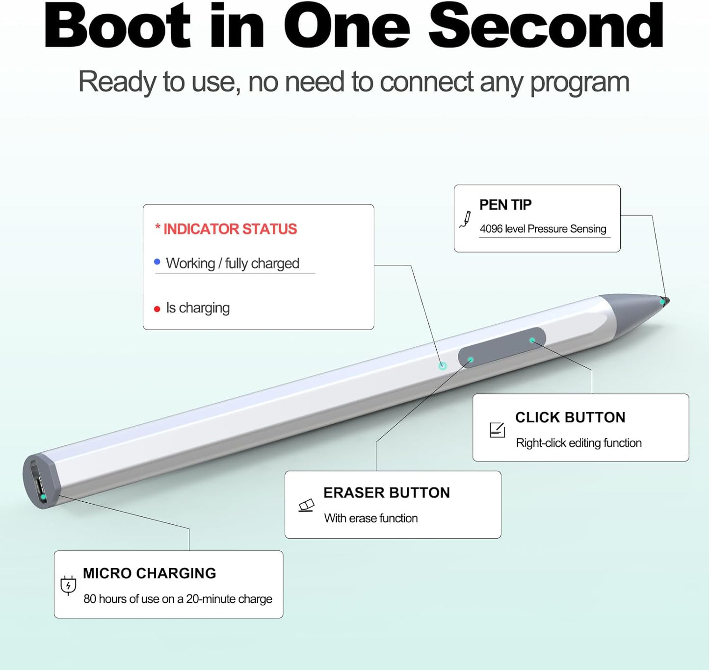 Stylus for HP Envy X360 Pavilion x360 Specter X360 Spectre x2 Envy x2 Touchscreen Laptop Rechargeable MPP 2.0 Tilt Pencil 4096 Pressure Sensitivity Using The Microsoft MPP Protocol, Silver