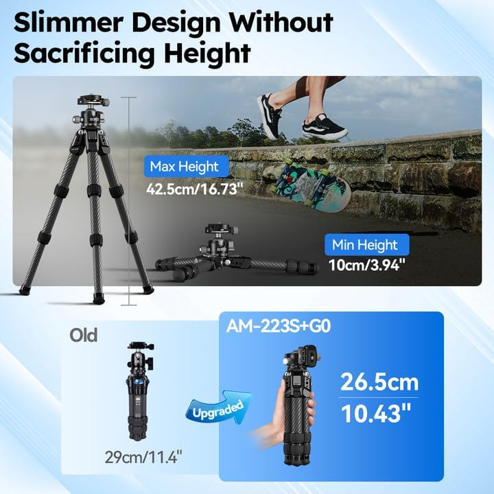 SIRUI AM-223S+G0 Carbon Fiber Desktop Tripod – Ultra-Light 1.7lbs, Max Height 16.7", 360° Panoramic Ball Head, Heavy-Duty Support to 33.07lb for DSLR & Mirrorless Cameras