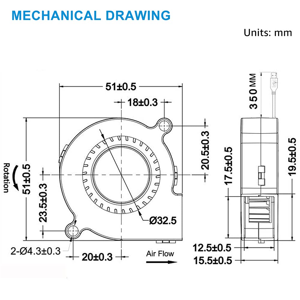 GDSTIME 50mm USB Fan, 50mm x 15mm Blower 5V DC Brushless Cooling Fan