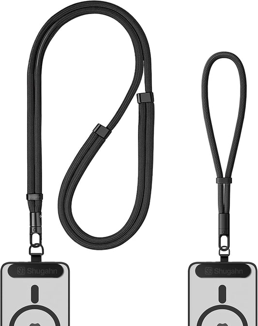 Phone Lanyard 2 Pcs - 1 Phone Wrist Strap, 1 Adjustable Crossbody Cell Phone Lanyard, 2 Metal Pads and 360° Rotating Metal Clips - Skin-Friendly, Universal for Most Phones (Black)