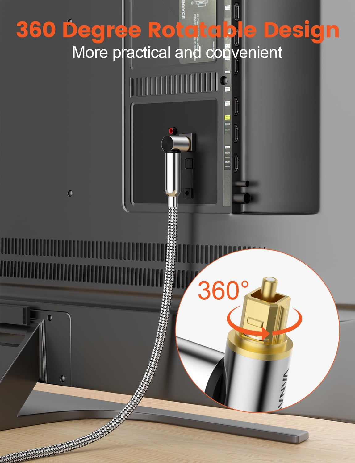 VANAUX 90-Degree Optical Audio Cable 10FT,90 Degree to 90 Degree Fiber Optic Toslink Cable(24K Gold-Plated Connectors,Braided Jacket) Ideal for Tight Spaces,Home Theater,Soundbars,Gaming Consoles