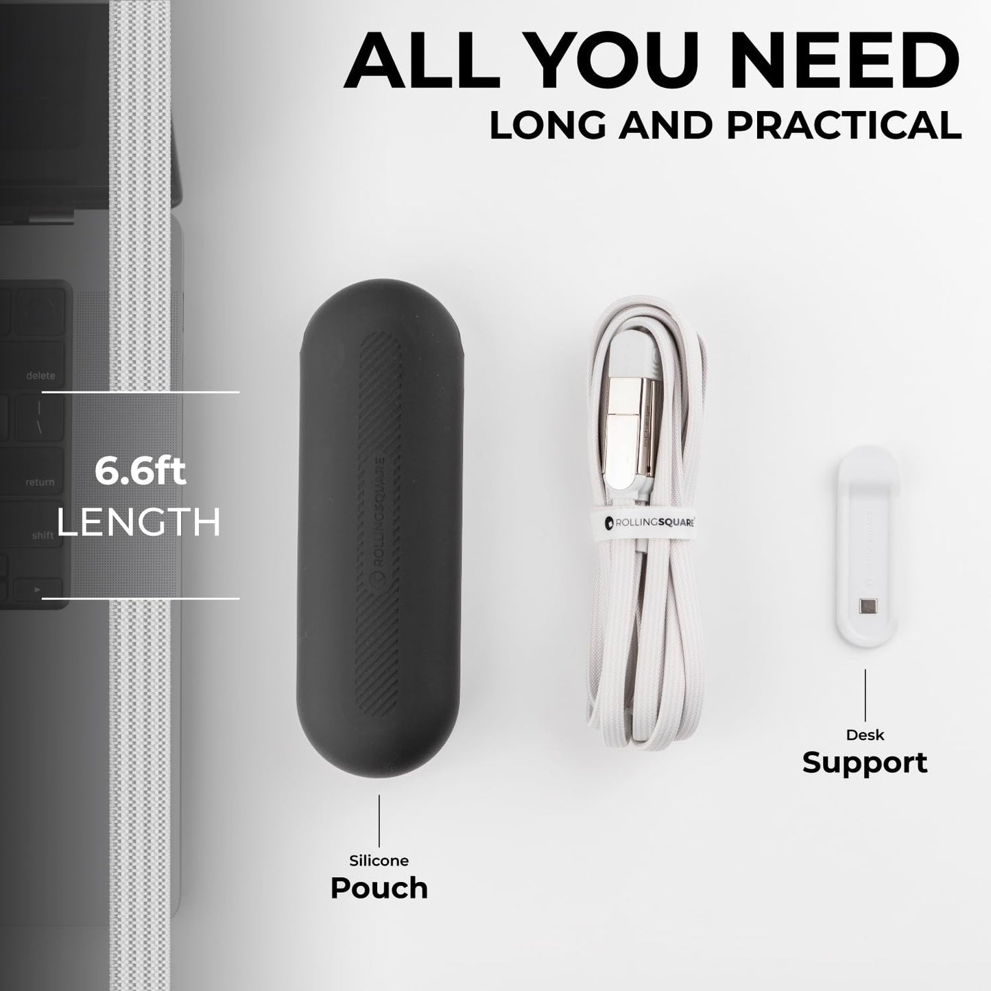 Rolling Square inCharge XL 200 cm - USB-C Cable, Universal Smartphone Cable, Gift for Men, 6-in-1 Universal Charger for Smartphones, Technical Gadget, White, Lightning Cable 100W