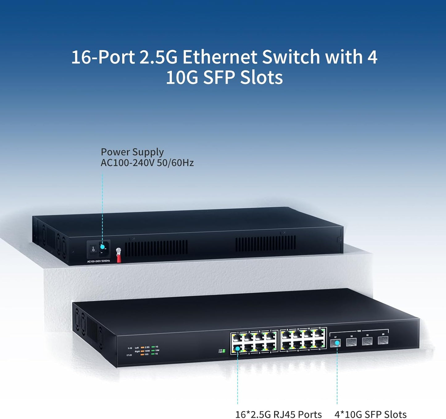 16 Port 2.5G Network Ethernet Switch, 16 x 2.5Gb RJ45 Ports, 4 x 10G SFP Slots, 240Gbps Switching Capacity, Desktop or Rack Mount/Metal Case/Fan Cooling/Plug and Play Unmanaged