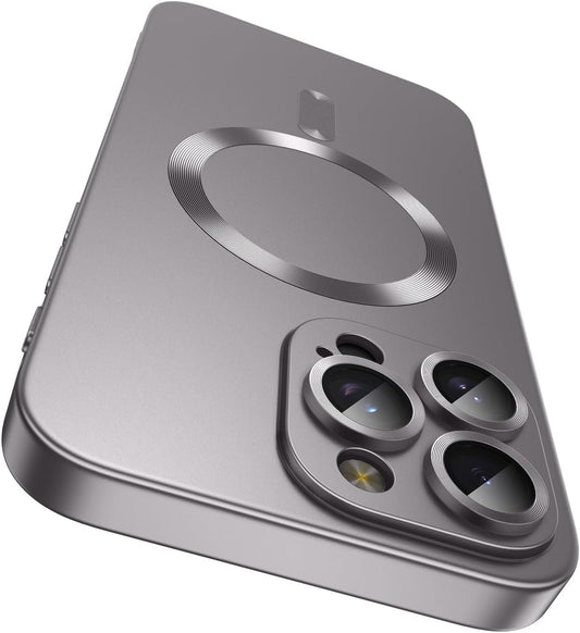 Magnetic for iPhone 16 Pro Max Case [Compatible with MagSafe][Built-in Camera Lens Protector] Slim Soft Silicone Bumper Shockproof Metallic Phone Shell (Titanium Gray)