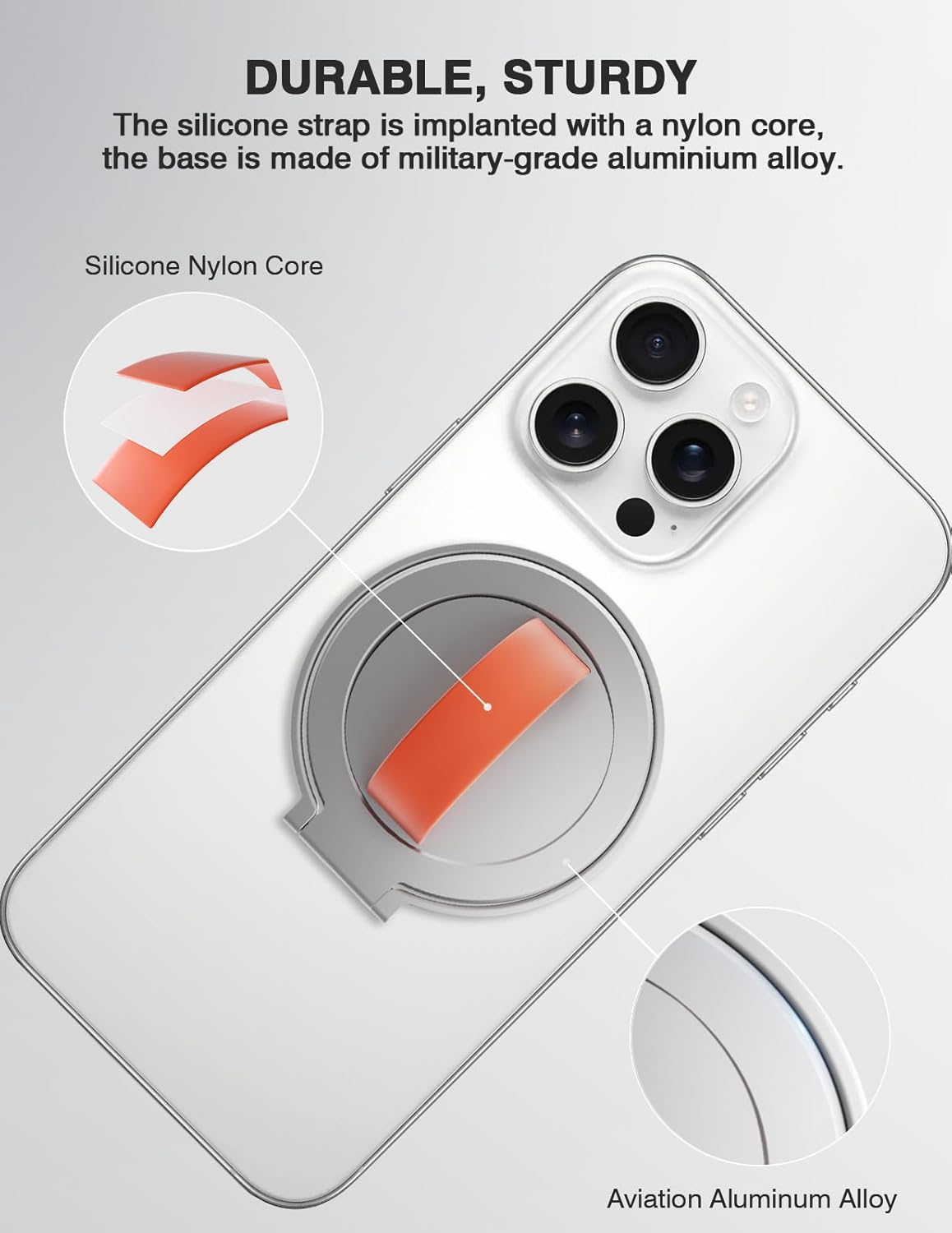 Grat 3 Magnetic Phone Grip Kickstand, [Durable Silicone Strap] 360° Rotatable Phone Loop Holder, Detachable Thin Ring Stand Compatible with Magsafe iPhone 16 15 14 13 12 Pro/max, Silver