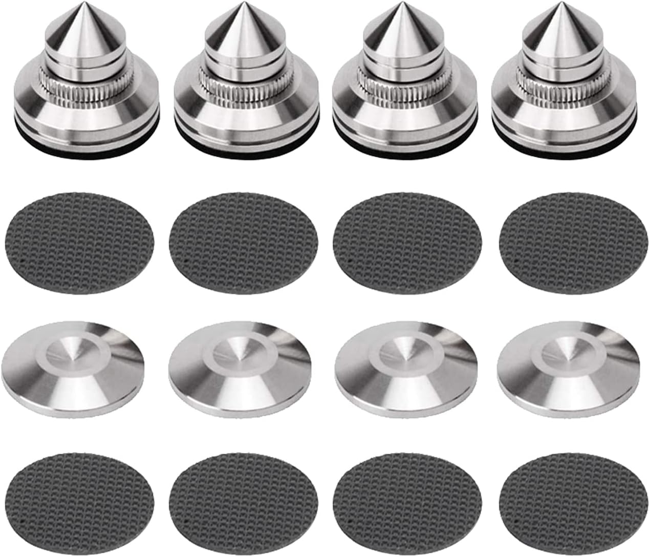 4 Sets Speaker Isolation Stand Feet, Stainless Steel Speaker Base Pads, Shockproof 28-32mm Adjustable Speaker Vibration Absorber Spike Cone Mats for Amplifier Turntable DAC Recorder CD (27x29x5MM)