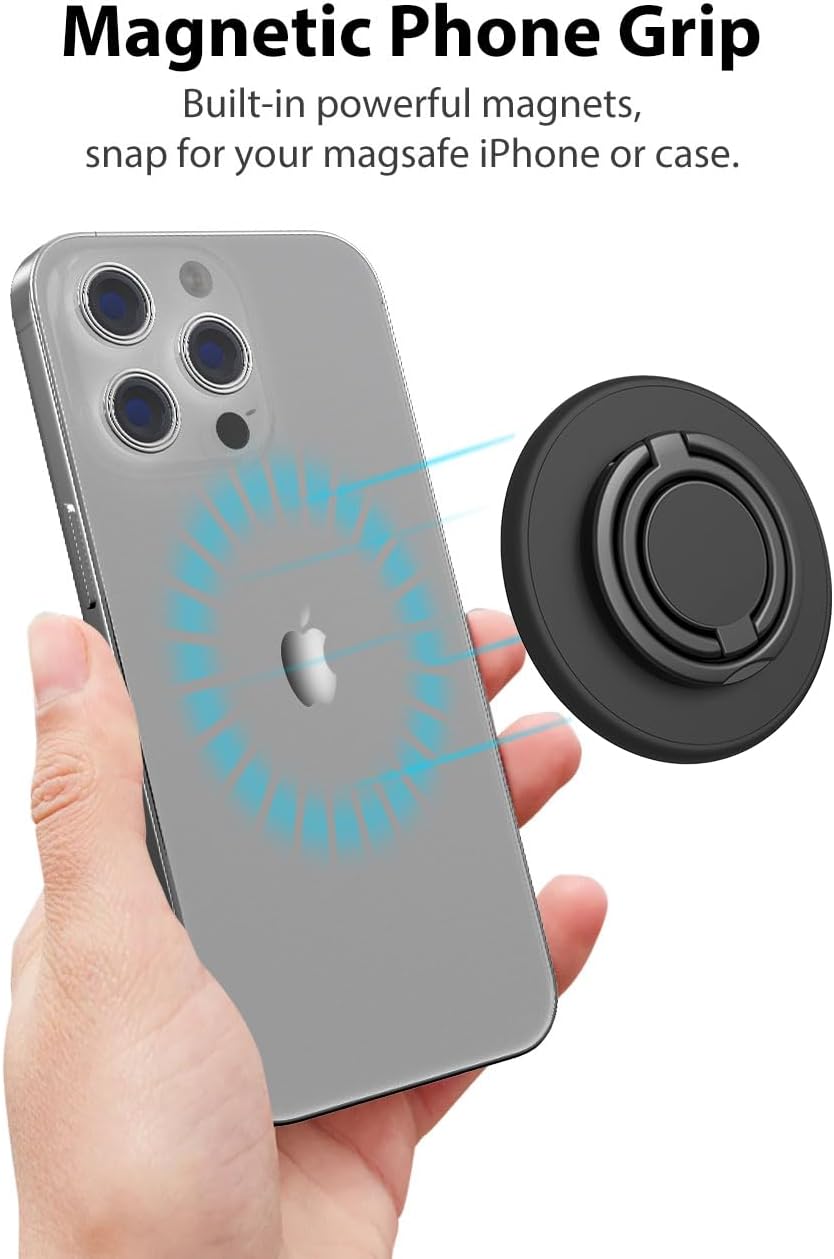 Magnetic Phone Grip Compatible with MagSafe,Magnetic Phone Ring Holder Finger Kickstand Wireless Charging Compatible,Adjustable Double Cell Phone Rings Gripper Stand for MagSafe iPhone - Black