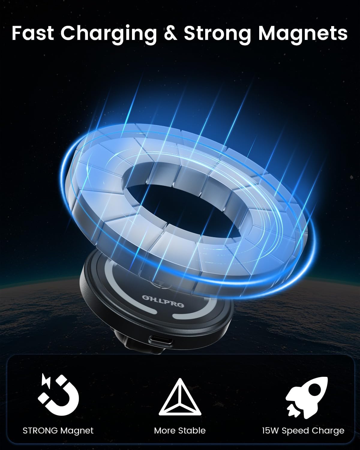 OHLPRO for MagSafe Car Mount for iPhone 16 15 14 Pro Max, 15W Fast Charging Phone Holder, Magnetic Car Charger Accessories, 360° Rotation, Adhesive Base for Tesla, Gift for Men Women, Black