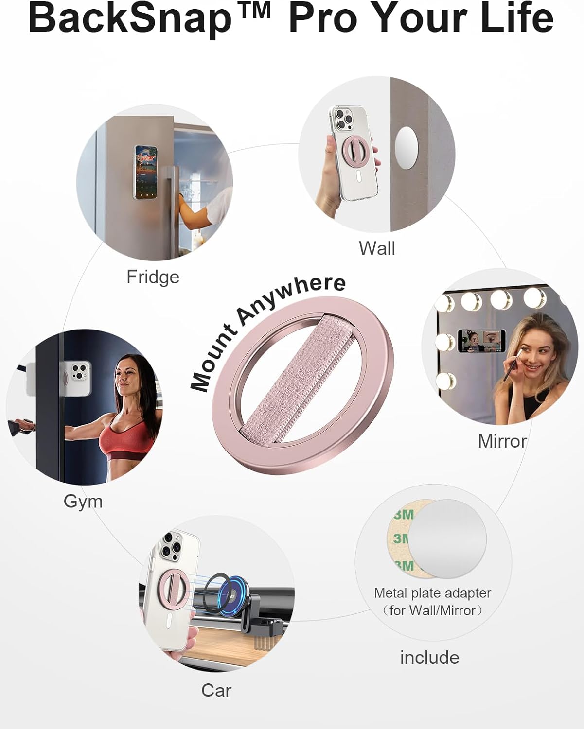 EWA MagOne Solo Phone Grip with Replaceable Elastic Finger Loop, Removable Magnetic Ring Holder Loop, Accessories for iPhone 16,15, 14, 13 Pro/Max/Plus, No Stand-Rosegolden