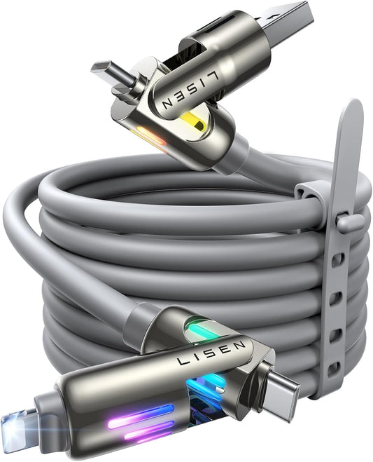 LISEN USB C to Lightning Cable, 240W 4 in 1 Charging Cable 6.6FT, Chubby USB A/C to C/Lightning with Light for iPhone 16e 16 15 14 Pro/MacBook/iPad/Samsung S25/Switch 2, Multi Chargers for All Devices