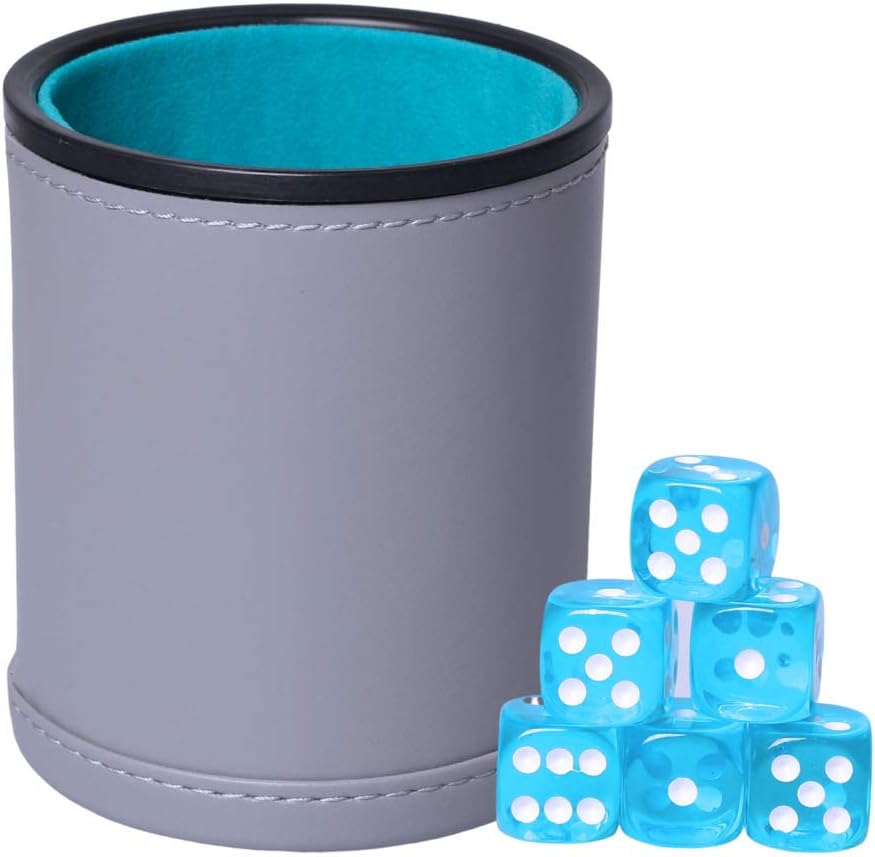 Dice Cup Set PU Leather and Felt-Lined, Quiet Shaking for Yahtzee Farkle Liars Dice Games, Includes Six 16mm Regular Dice