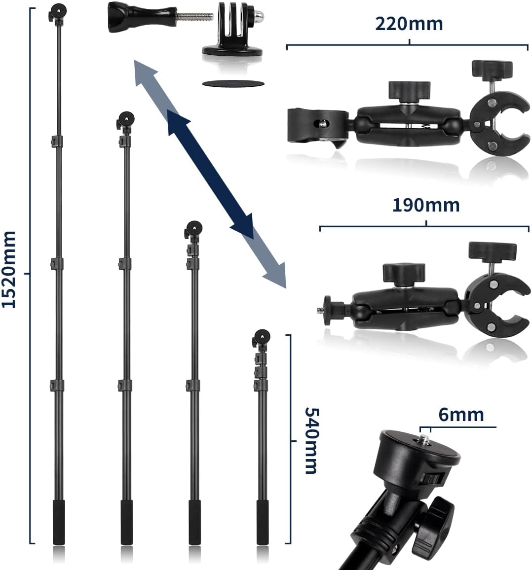 Motorcycle Bike Handlebar Double clamp Mount Invisible Selfie Stick Super Camera Clamp 360°Rotating Extendable Ballhead Magic Arm 60'' for Insta360 ONE X3 X2 X RS R Go 2 3 Action Camera, Black