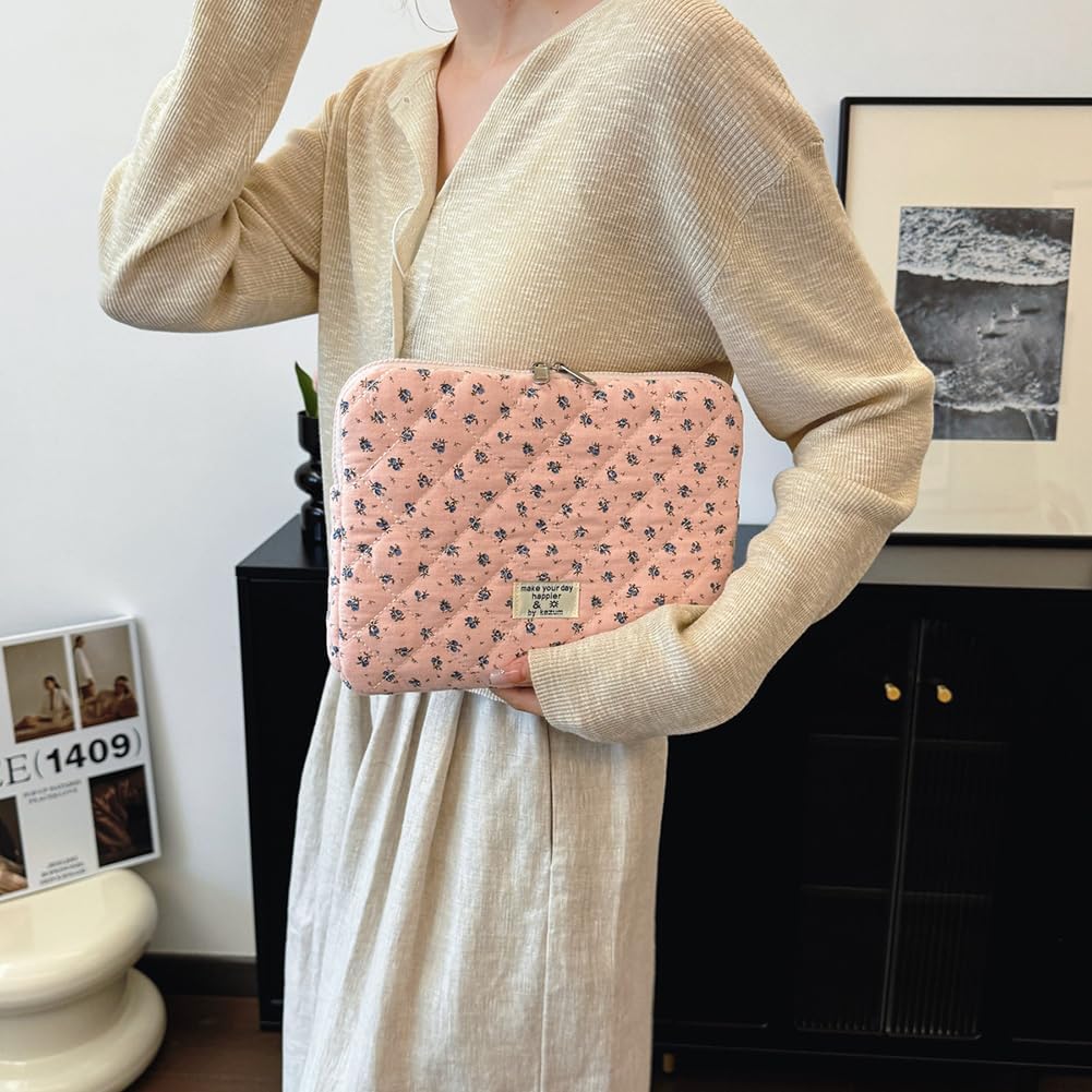 Puffy Laptop Sleeve 13-15.6 Inch Cute Quilted Laptop Protective Case Padded Floral Computer Sleeve for MacBook (A-Dark Pink, 11 Inch)