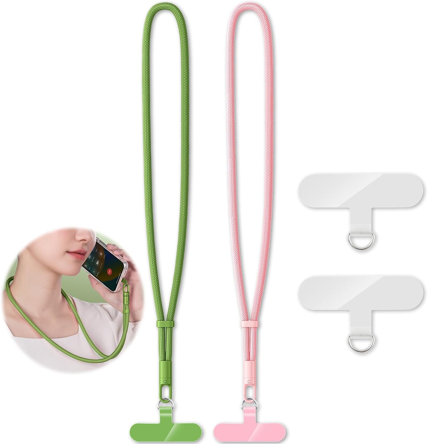 2 Pack Phone Lanyard,2×Phone Neck Strap,4×Tether Tabs,Universal Cell Phone Multifuctional Patch Polyester Lanyards,Cell Phone Lanyards for Women and Men(pink+green)