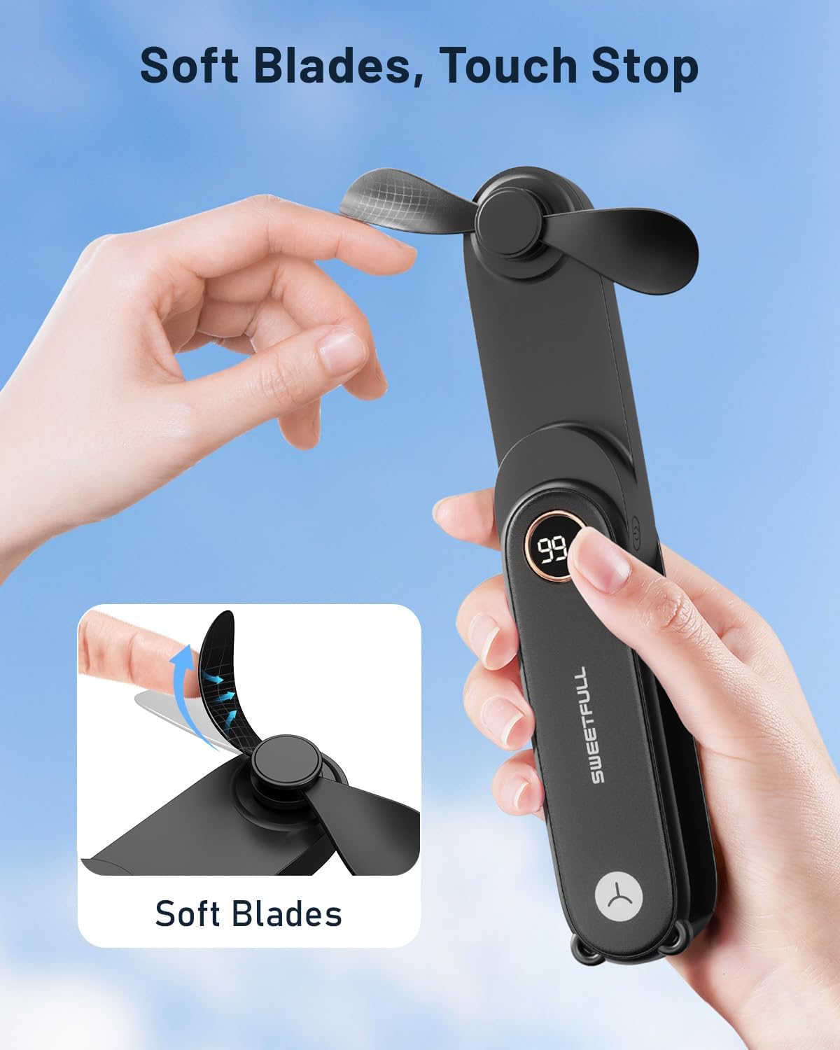 SWEETFULL Portable Handheld Mini Fan with LED Display, 3-in-1 Personal Foldable USB Rechargeable Hand Held Fan & Flashlight for Travel, Lash Eyelash, Cute Small Pocket for Women, Girls