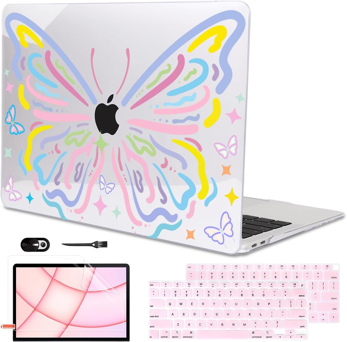 for MacBook Air 13 inch Case 2021 2020 2019 2018 for Mac A2337 M1 A2179 A1932 Cover with Touch ID, Crystal Pattern Plastic Hard Shell Case Keyboard Skin Screen Protector, Colorful Butterfly