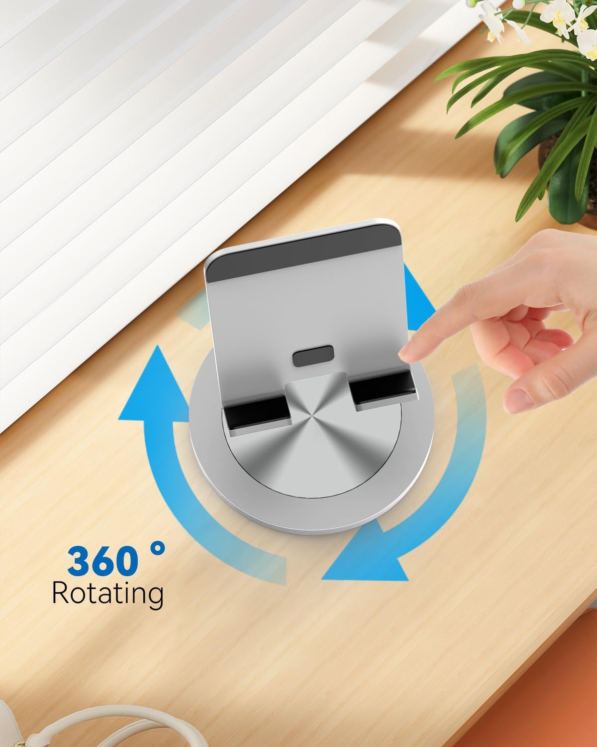 360 Rotating Phone Stand for Desk, Dual-Adjustable Foldable Aluminum Desktop Phone Holder Compatible with iPhone 16 15 14 13 12 11 Series, iPad-Mini, 4-8" All Phones (Silver)