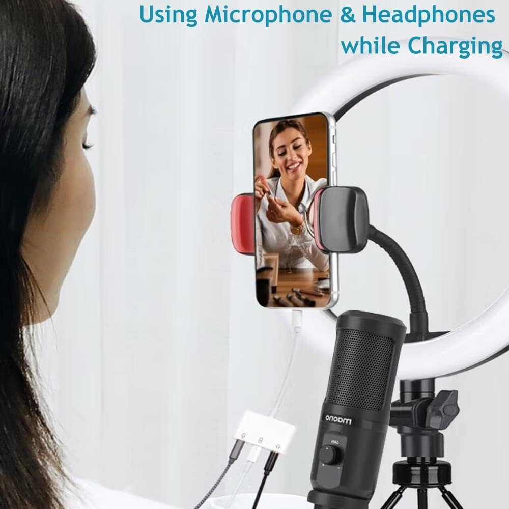iPhone Microphone Adapter for Live-Streaming Lightening to Microphone & 3.5mm Headphone Adapter with Charging Port iPhone Audio & MIC Splitter Compatible for iPhone 14 13 12 11 X