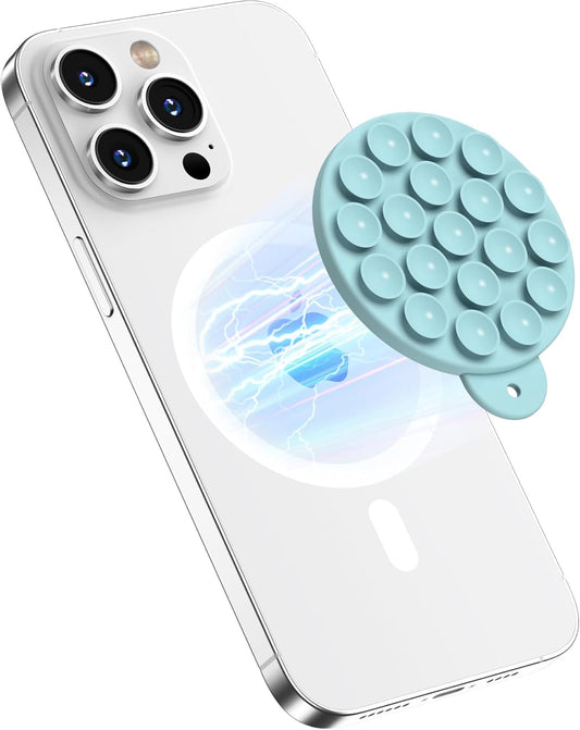 Magnetic Suction Cup Phone Mount for MagSafe Case, Silicone Hands-Free Grip Holder for iPhone and Android, Mirror Shower Phone Stand for Makeup FaceTime Gym Kitchen Bathroom, Light Cyan