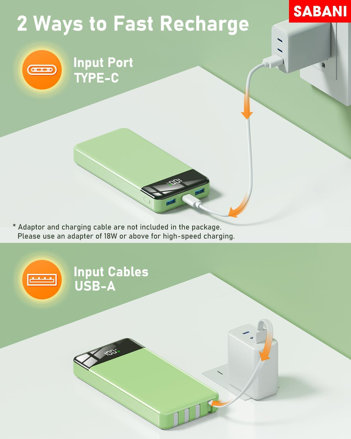 SABANI Portable Charger 35000mAh Power Bank - Portable Battery with 4 Built in Cables, 22.5W Fast Charging Battery Pack Compatible with iPhone 15 14 13 Samsung Android Cell Phone etc (1 Pack, Green)