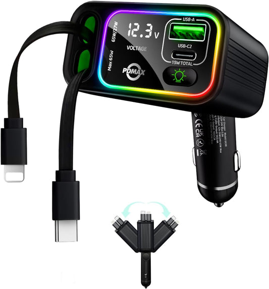 Retractable Car Charger USB C,107W Type C Car Charger Fast Charging with Dual Retractable Cable and USB Ports, Compatible with iPhone 16/15/14/13,S25/24/23/22, Pixel 9/8/7