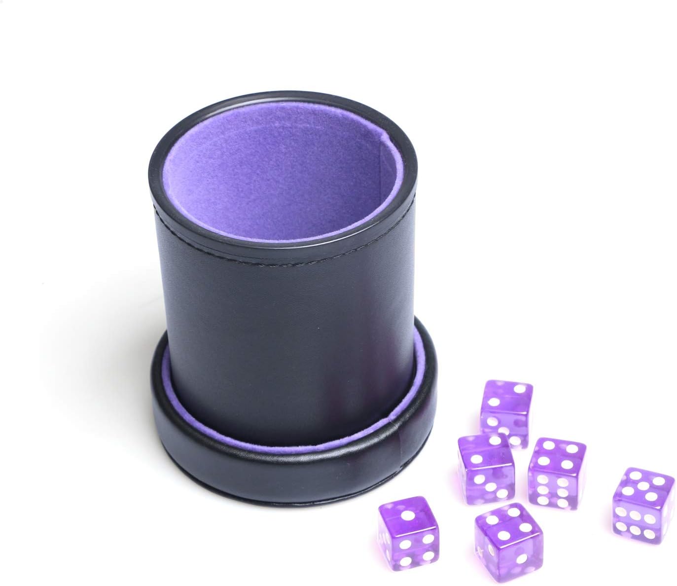 PU Leather Dice Cup Purple Velvet Lined Quiet Shaker with Lid Including 6 Purple Translucent Dice for Liars Dice Farkle Yahtzee Board Games