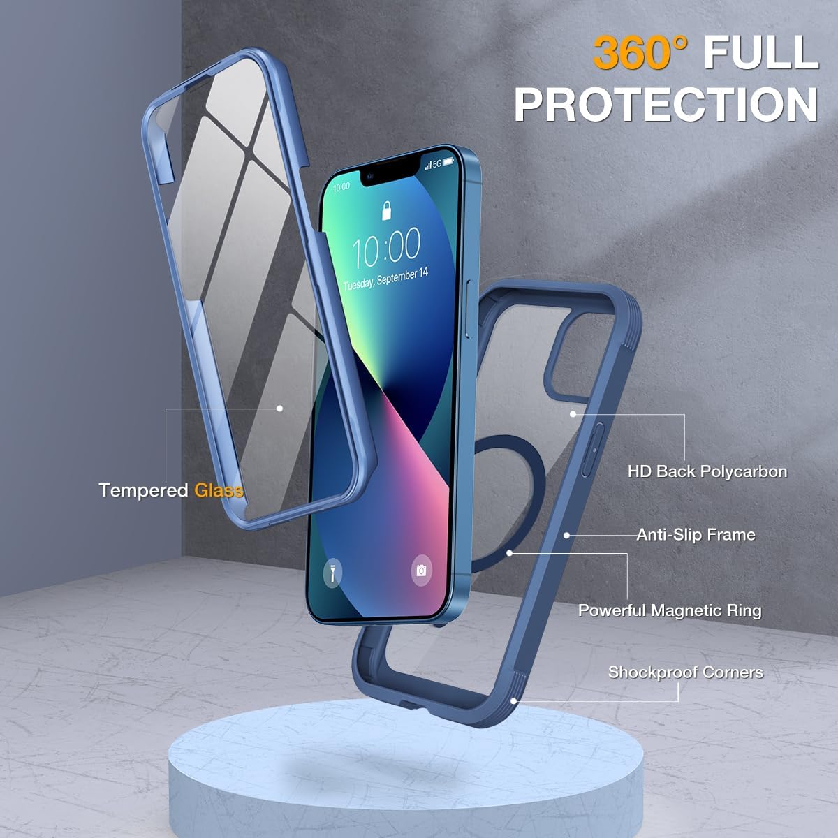 Miracase Magnetic Case for iPhone 13 Mini 5.4 Inch,with MagSafe,Built in Screen Protector,Full Body Protection(Dark Blue)