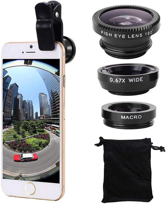 Phone Camera Lens,3 in 1 Cell Phone Camera Lens Kit,Fisheye Lens Macro Lens Wide Angle Universal for Smart Phones iPhone Samsung Android Black