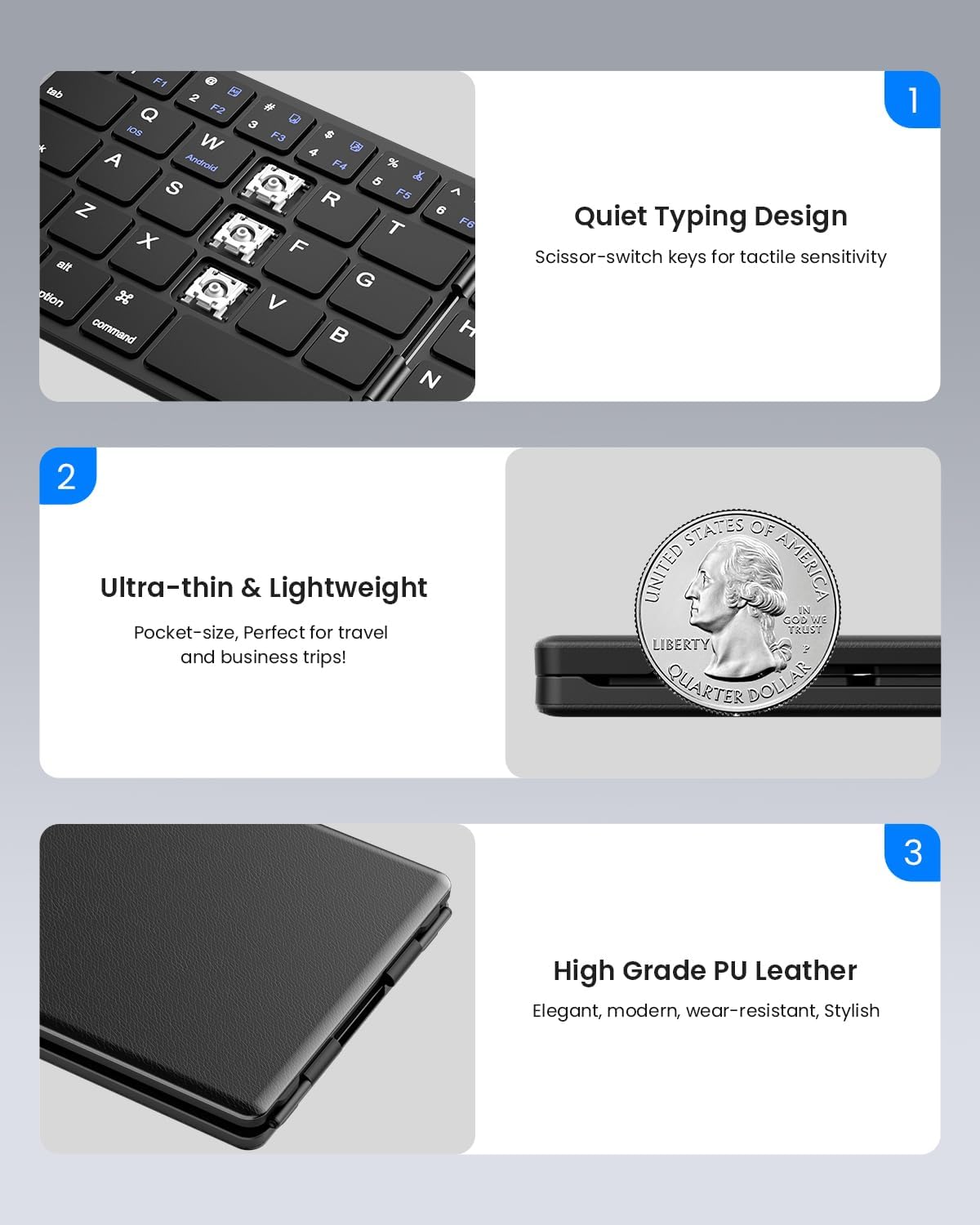 Samsers Foldable Bluetooth Keyboard - Portable Wireless Keyboard with Stand Holder, Rechargeable Full Size Ultra Slim Folding, Compatible iOS Android Windows Smartphone Tablet and Laptop - Black
