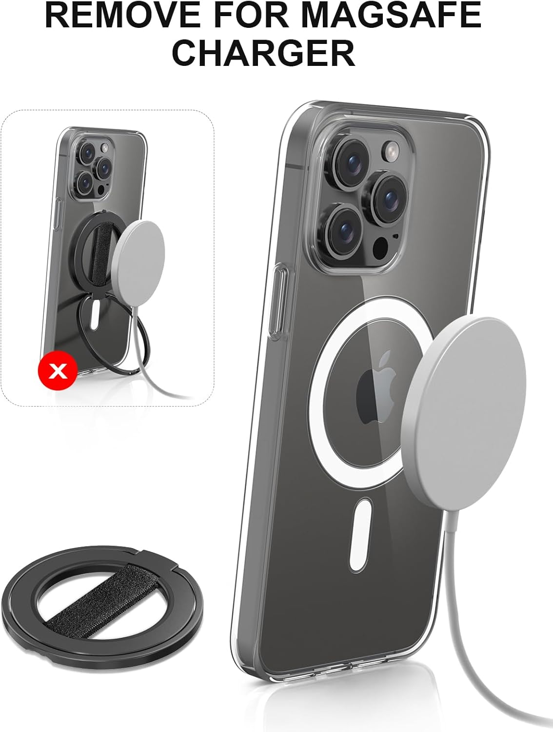 EWA MagOne Ultra Phone Grip Stand with Replaceable Elastic Finger Loop, Removable Magnetic Ring Holder Kickstand Loop, Double-Sided Magnetic Accessories for iPhone 16, 15, 14, 13 Pro/Max/Plus-Black