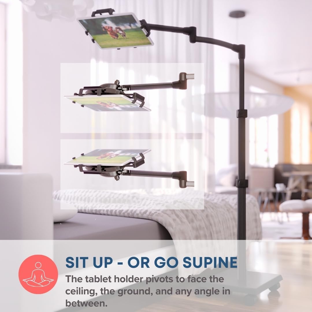 LEVO G2 Deluxe Premium Tablet Floor Stand with Long Extension Arm – Adjustable Rolling iPad Holder & Mobile Cart for Bed, Sofa, or Office–Ergonomic 5-Axis Arm, 30–56″ Height, Fits up to 13.5″ Devices