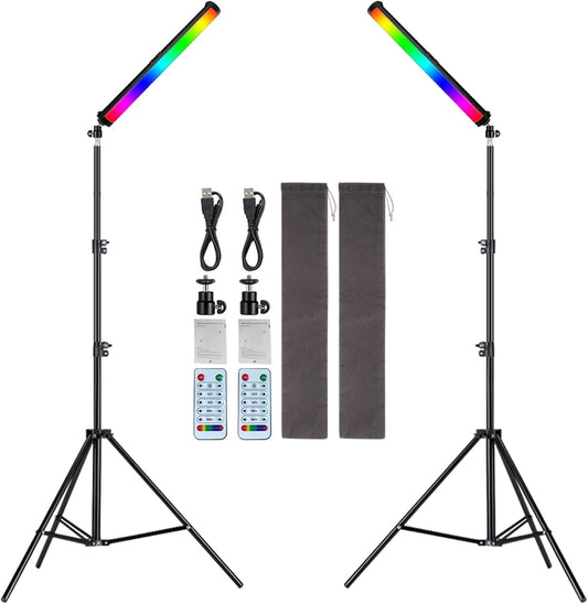 RGB Photography Light Wand Stick, 360° Full Color Portable LED Lighting Wand Handheld 5000mAh Rechargeable Battery & Magnet with 27"-80" Tripod Stand-2 Pack