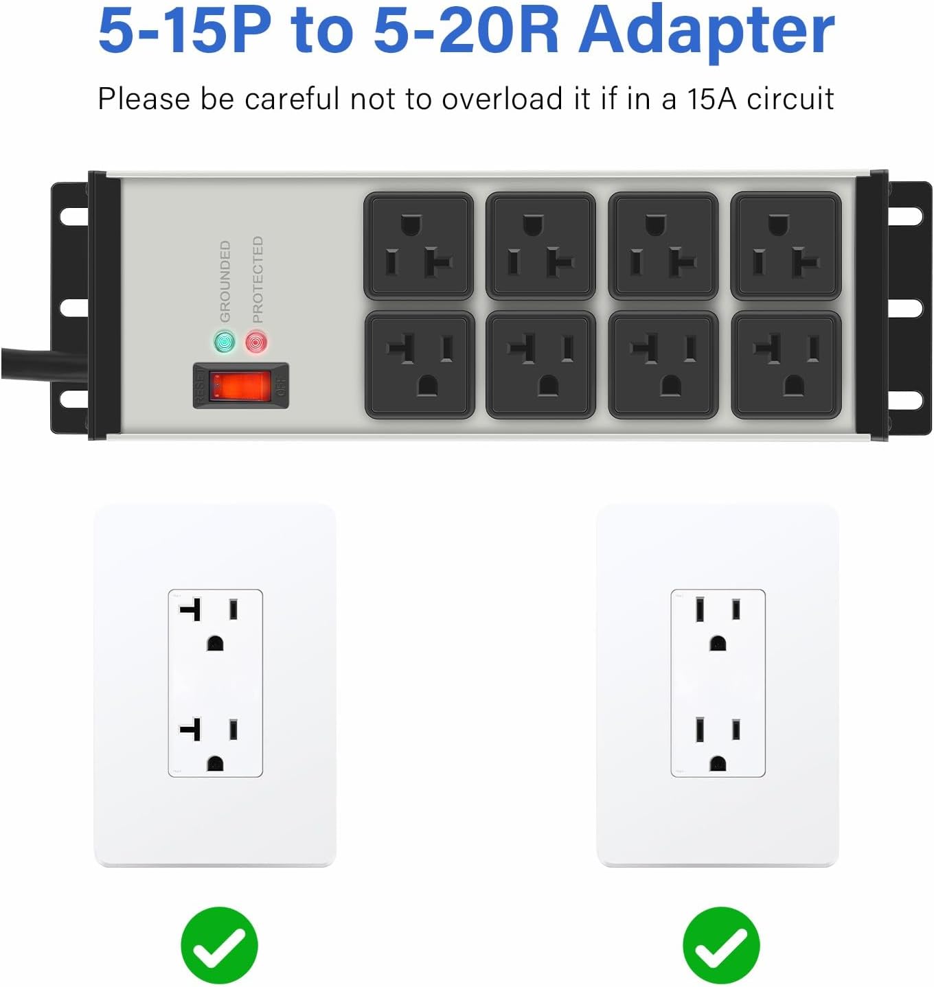 CCCEI Grey Heavy Duty Power Strip Surge Protector 20 AMP, 8 Outlets 12 Gauge Industrial Shop Garage Metal Multiple Outlets, 4 FT Extension Cord 5-15P Adapter High Amp 6-20R T-Slot 20a for Appliance
