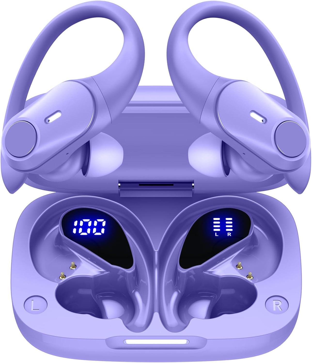 GOLREX Active Noise Cancelling Ear Buds Wireless Earbuds Bluetooth Headphones with 80H Playtime LED Display Wireless Charging Case, Over-Ear Hooks Earbud for Sports Running Gym Workout Purple