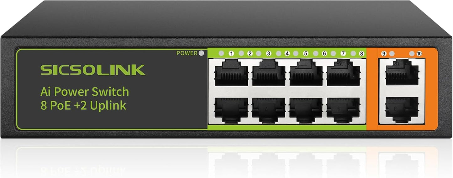 8 Ports PoE+ Ethernet Switch 2 Uplink 802.3af/at 120W Total Power 100Mbps Network Hub 20 Gbps Switch Capacity Unmanaged PoE Switch Suitable for IP Cameras Home & Office.