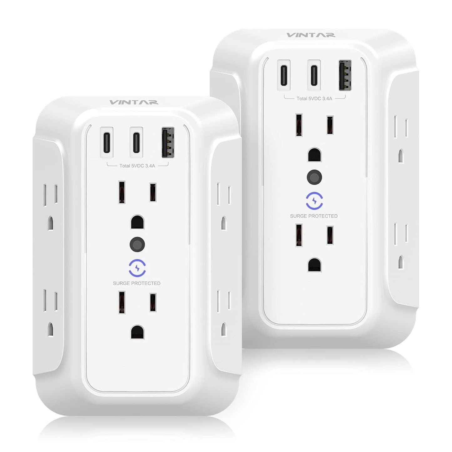[2-Pack] Surge Protector Outlet Extender, VINTAR 6 Outlet Splitter with 3 USB Charging Ports (2 USB C),900J Multi Plug Outlet Power Strip, 3-Sided Usb Wall Charger for Home Office Dorm Room Essentials