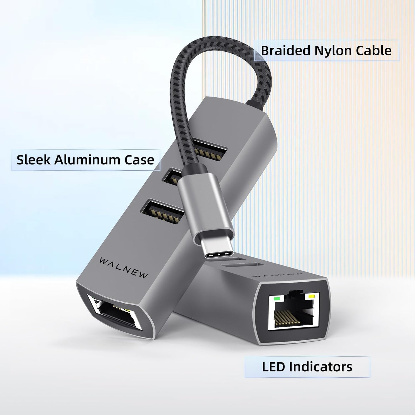 USB-C to Ethernet Adapter, WALNEW USBC to RJ45 LAN Adapter, Gigabit Cat Network Cable Converter to Type C Thunderbolt 3 for Mac,MacBook Pro/Air,Samsung Galaxy Tab (Ehternet+USB-A Port, USB-C)