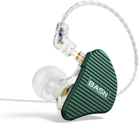BASN Mix-PD in Ear Monitor,1Planar Driver + 1Dynamic Driver HiFi IEM Earphones with CNC Crafted Metal Cover, Wired 0.78mm 2-Pin Silver Plated Detachable Cable for Musicians (Green)