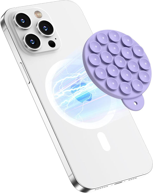 Magnetic Suction Cup Phone Mount for MagSafe Case, Silicone Hands-Free Grip Holder for iPhone and Android, Mirror Shower Phone Stand for Makeup FaceTime Gym Kitchen Bathroom, Lilac Purple